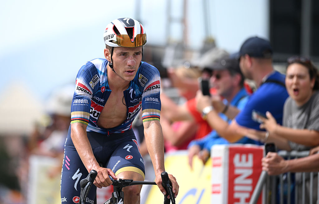 VALMEINIER 1800, FRANCE - JUNE 14: Remco Evenepoel of Belgium and Team Soudal Quick-Step crosses the finish line during the 77th Criterium du Dauphine 2025, Stage 7 a 131.6km stage from Grand-Algueblanche to Valmeinier 1800 (1830m) / #UCIWT / on June 14, 2025 in Valmeinier 1800, France. (Photo by Dario Belingheri/Getty Images)