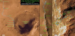 Ken Kremer and Marco Di Lorenzo created this route map for NASA's Opportunity Mars rover using NASA images.