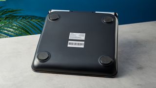 the back of a body fat smart scale by renpho with a pull out handle to measure limb fat percentage and silver electrodes and a blue and black casing rests on a surface in front of a blue background