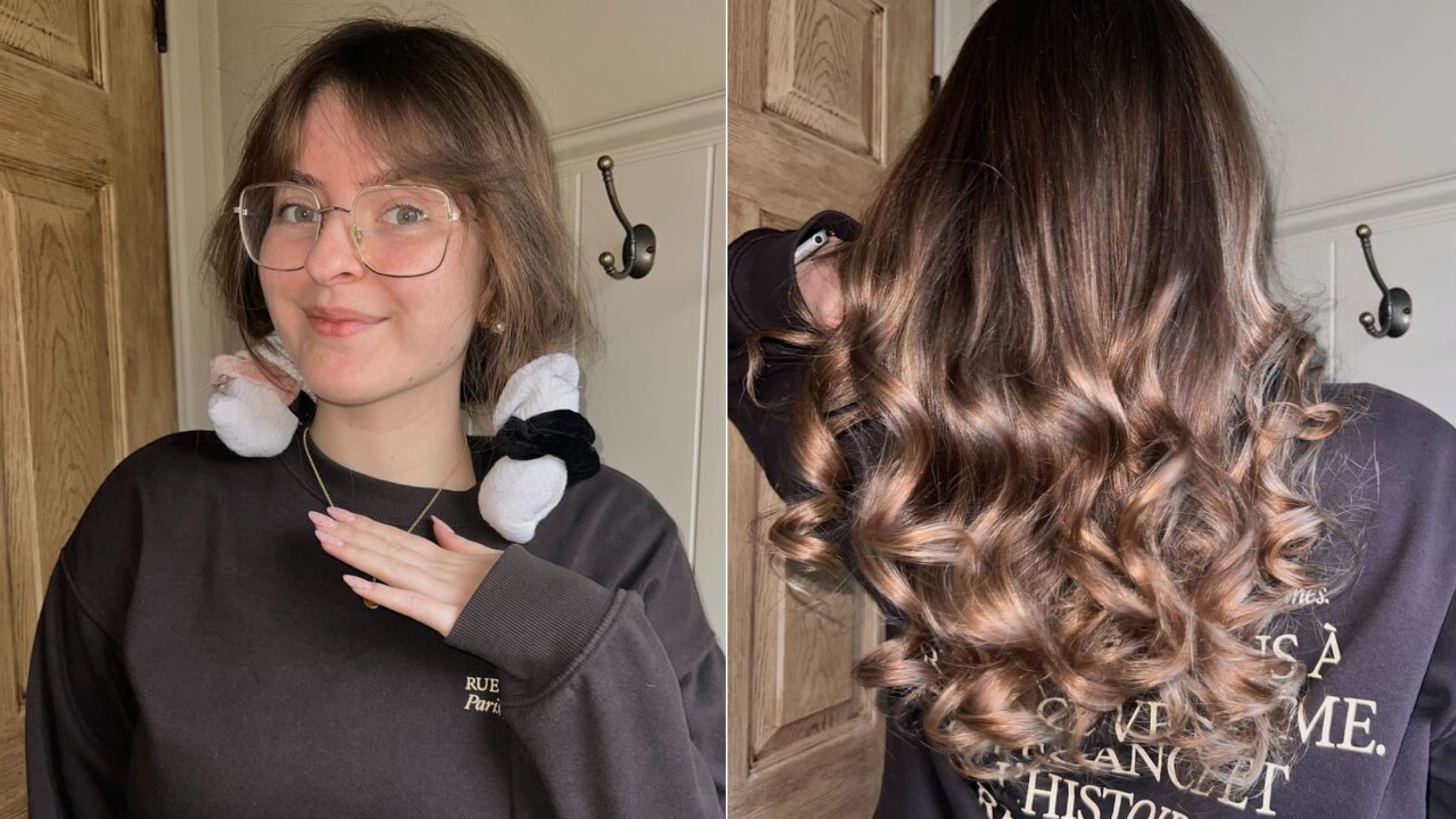 Layla Al-Ani using the heatless sock curl method for curly hair.