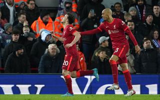 Liverpool forward Diogo Jota and Liverpool midfielder Fabinho celebrating a goal