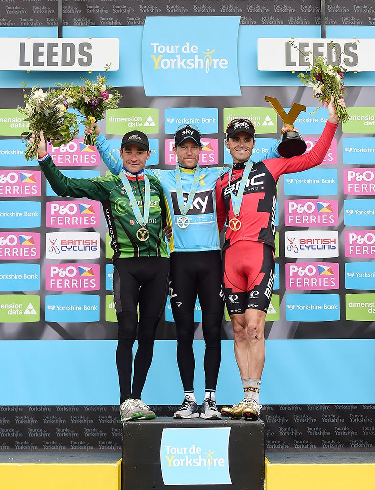 The overall podium: Thomas Voeckler (Europcar), Lars Petter Nordhaug (Team Sky) and Samuel S&aacute;nchez (BMC)