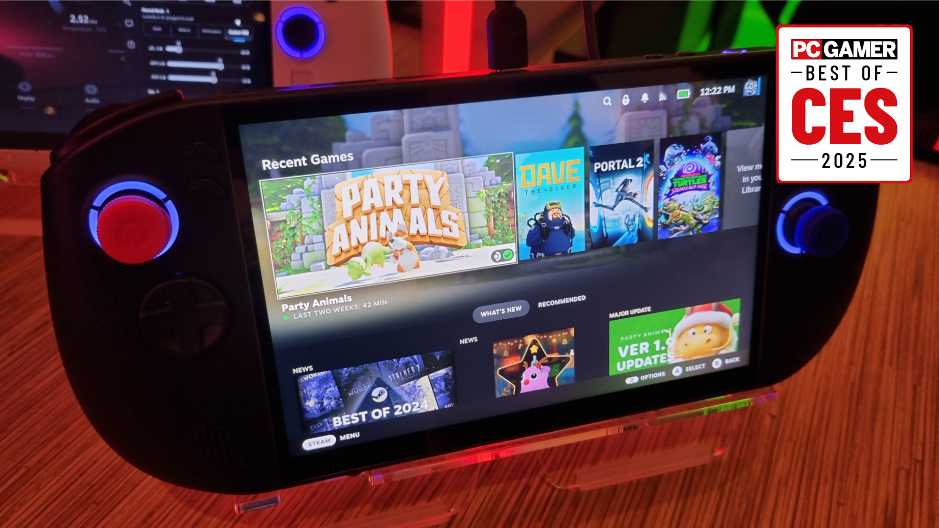 The Lenovo Legion Go S on a table showing the SteamOS interface with the PC Gamer Best of CES 2025 logo in the top right