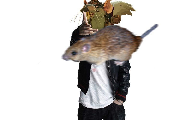 A composite meme image of Eminem holding out his hand on a white background. His head is replaced with Deadlock character The Rat King who is throwing a rat.