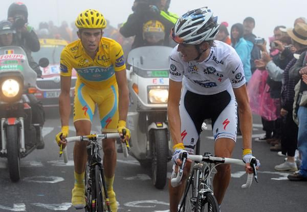 Schleck checks to see how Contador is looking.