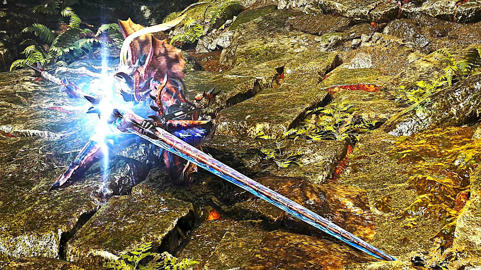 A warrior in ornate, spiked armor kneels on rocky ground, holding a long, glowing blue sword that emits a bright light flare in a forest setting.