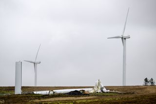 A snapped wind turbine at the Pant-y-Wal wind farm on February 17, 2022 in Gilfach Goch, Wales.