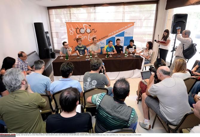Mark Cavendish, Peter Sagan, Tom Boonen, Vincenzo Nibali, Joaquim Rodriguez and Nairo Quintana face the press in San Luis