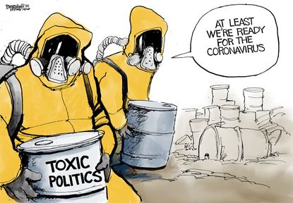 Political Cartoon U.S. Hazmat suits handling political corruption