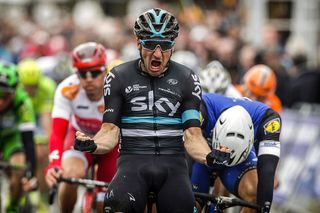 Elia Viviani (Team Sky) beats Marcel Kittel (Etixx-QuickStep) to win the stage 2 sprint at Three Days of De Panne