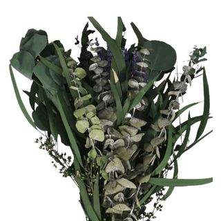 A green bouquet of lavender and eucalyptus 