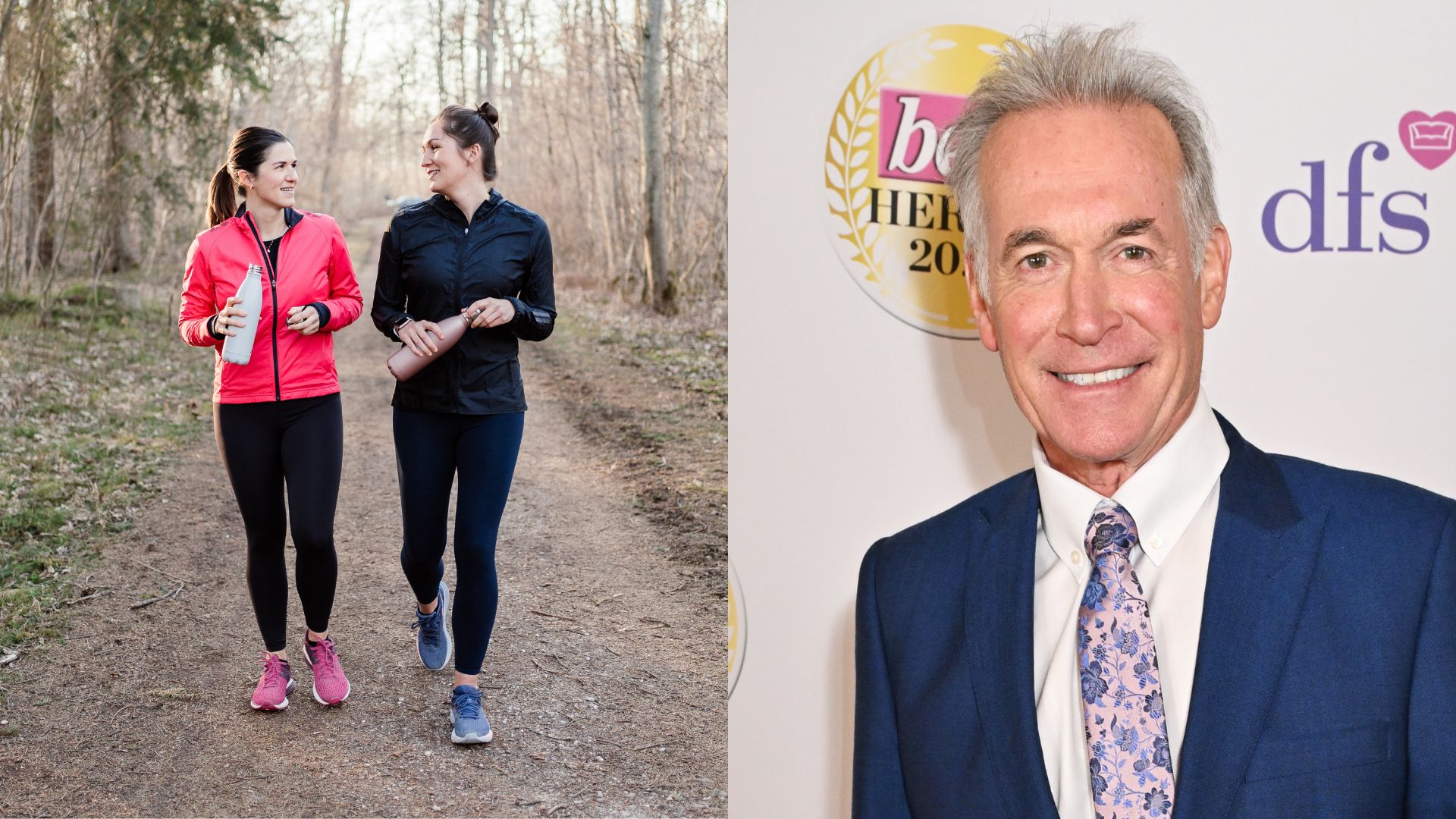 Two women walking along path in workout clothes and talking, Dr Hilary Jones