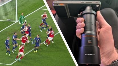 Left to right; Pro soccer players crowded in a penalty area as the ball comes in from a corner, the Oppo Find X9 Ultra with teleconverter lens attached in user's hand