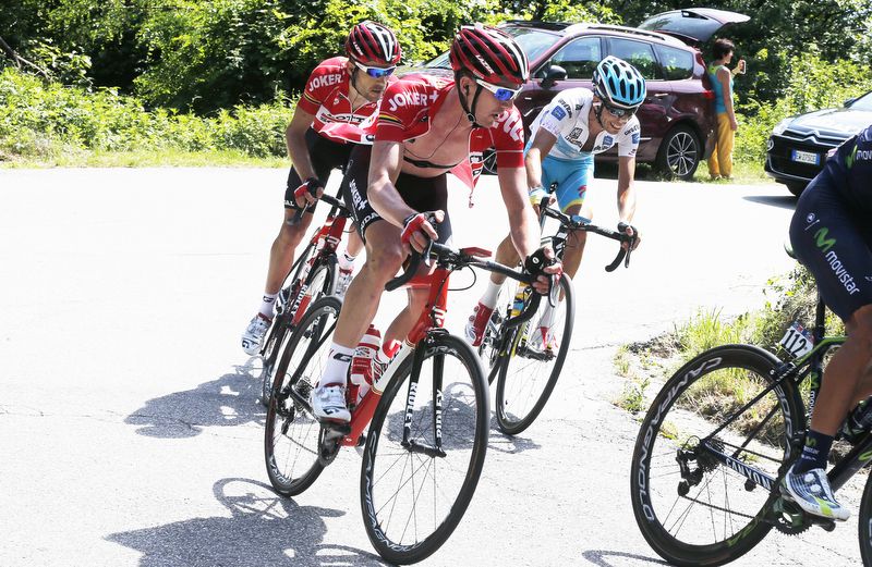 Jurgen Van den Broeck leads up the hair pin climb