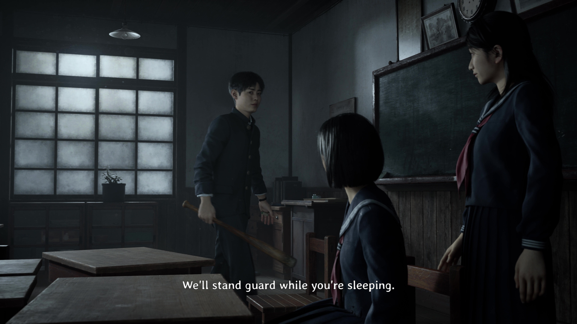 Shu says he will stand guard in Silent Hill f&#039;s school while Hinako takes a rest