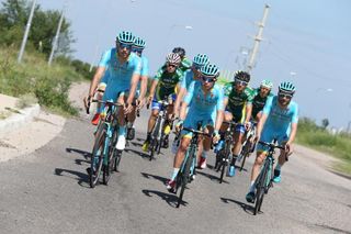 The Astana team head out for a training ride on Saturday