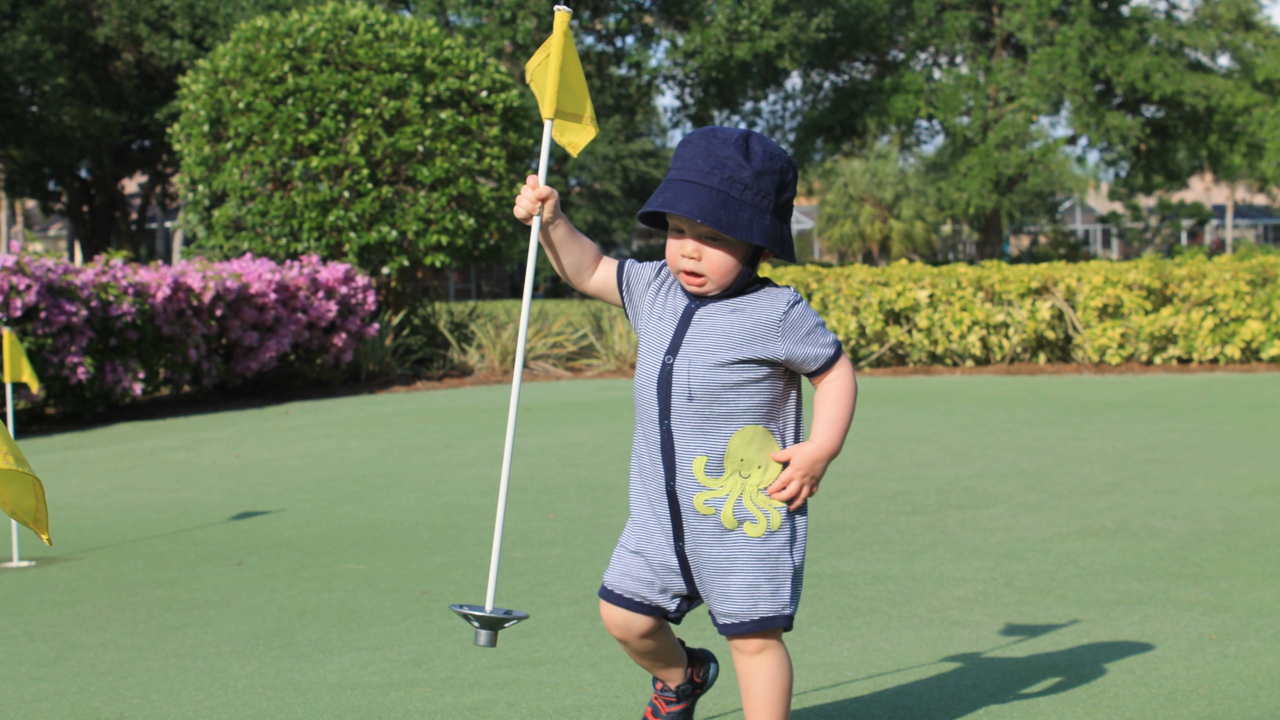 Toddler on a practice putting green