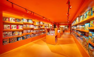 Bright orange walls in Harrods toy department