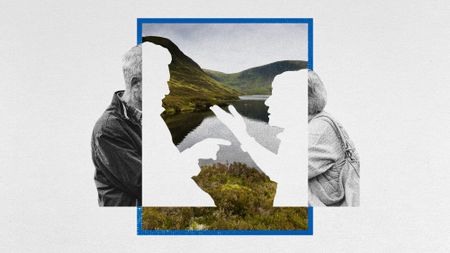 Photo collage of two elderly people arguing over the background of a beautiful Galloway landscape 