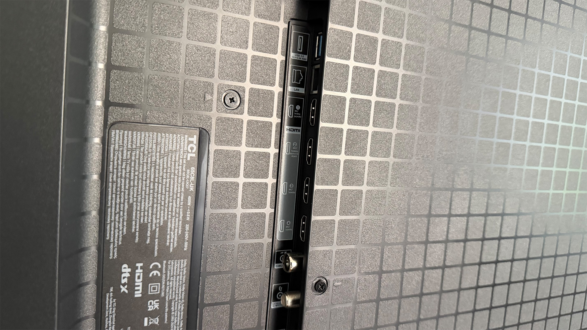 TCL C8L Mini LED TV rear of set showing connections