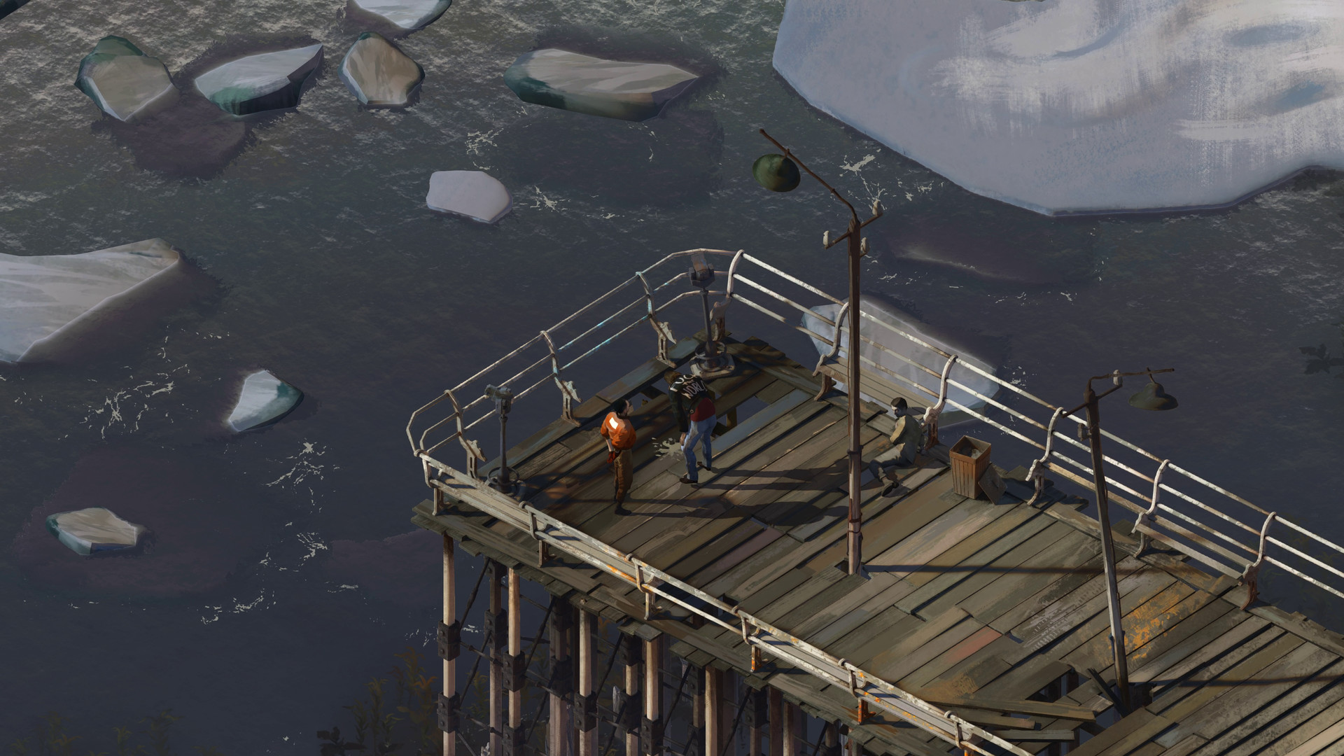 In Disco Elysium, detective Harrier Du Bois and Kim Kitsuragi converse at the end of a pier