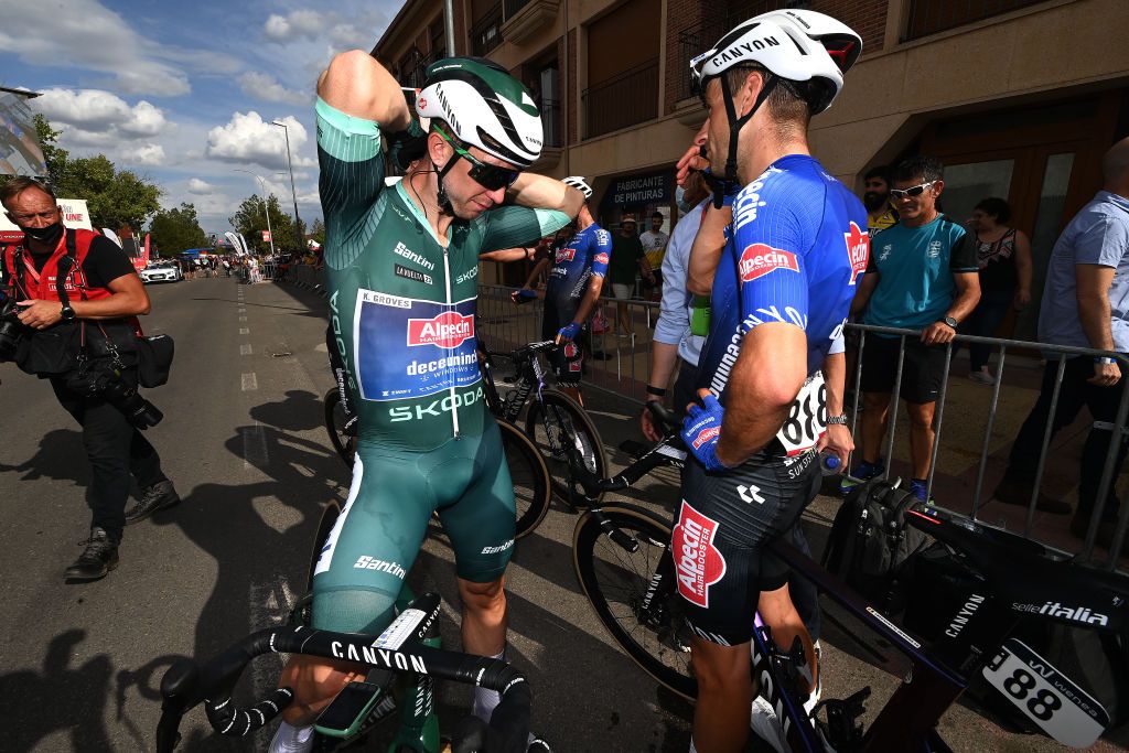 SCAR SPAIN SEPTEMBER 15 LR Kaden Groves of Australia Green points jersey and Edward Planckaert of Belgium and Team AlpecinDeceuninckreact after the 78th Tour of Spain 2023 Stage 19 a 1771km stage from La Baeza to scar UCIWT on September 15 2023 in scar Spain Photo by Tim de WaeleGetty Images