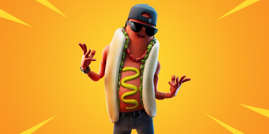 A Fortnite skin of a hot dog with shades