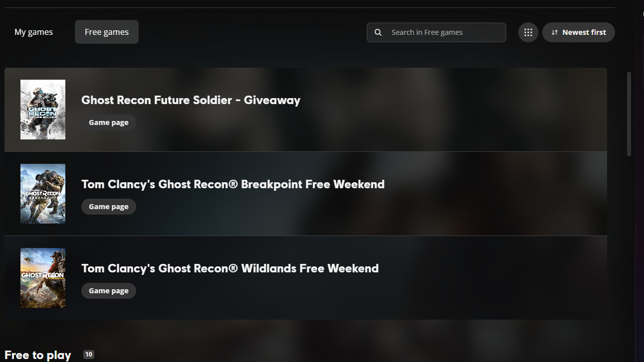 The free games tab of the Ubisoft Connect launcher.