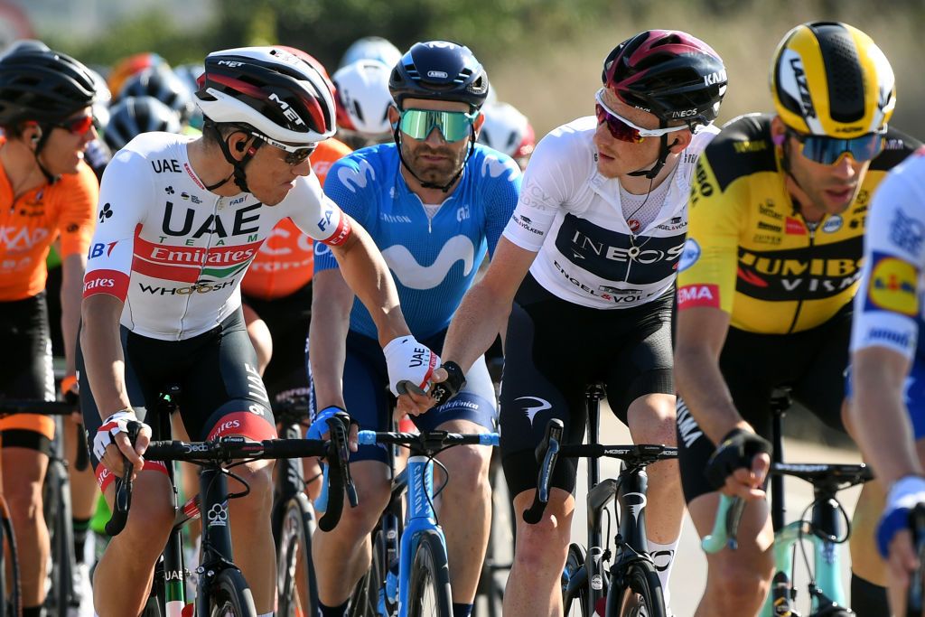 VALENCIA SPAIN FEBRUARY 09 Edward Ravasi of Italy and UAE Team Emirates Jos Joaqun Rojas of Spain and Movistar Team Tao Geoghegan Hart of The United Kingdom and Team INEOS White Best Young Jersey during the 71st Volta a la Comunitat Valenciana 2020 Stage 5 a 977km stage from Paterna Valencia VueltaCV VCV2020 on February 09 2020 in Valencia Spain Photo by David RamosGetty Images