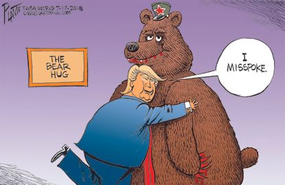 Political cartoon U.S. Trump Putin Helsinki summit bear hug