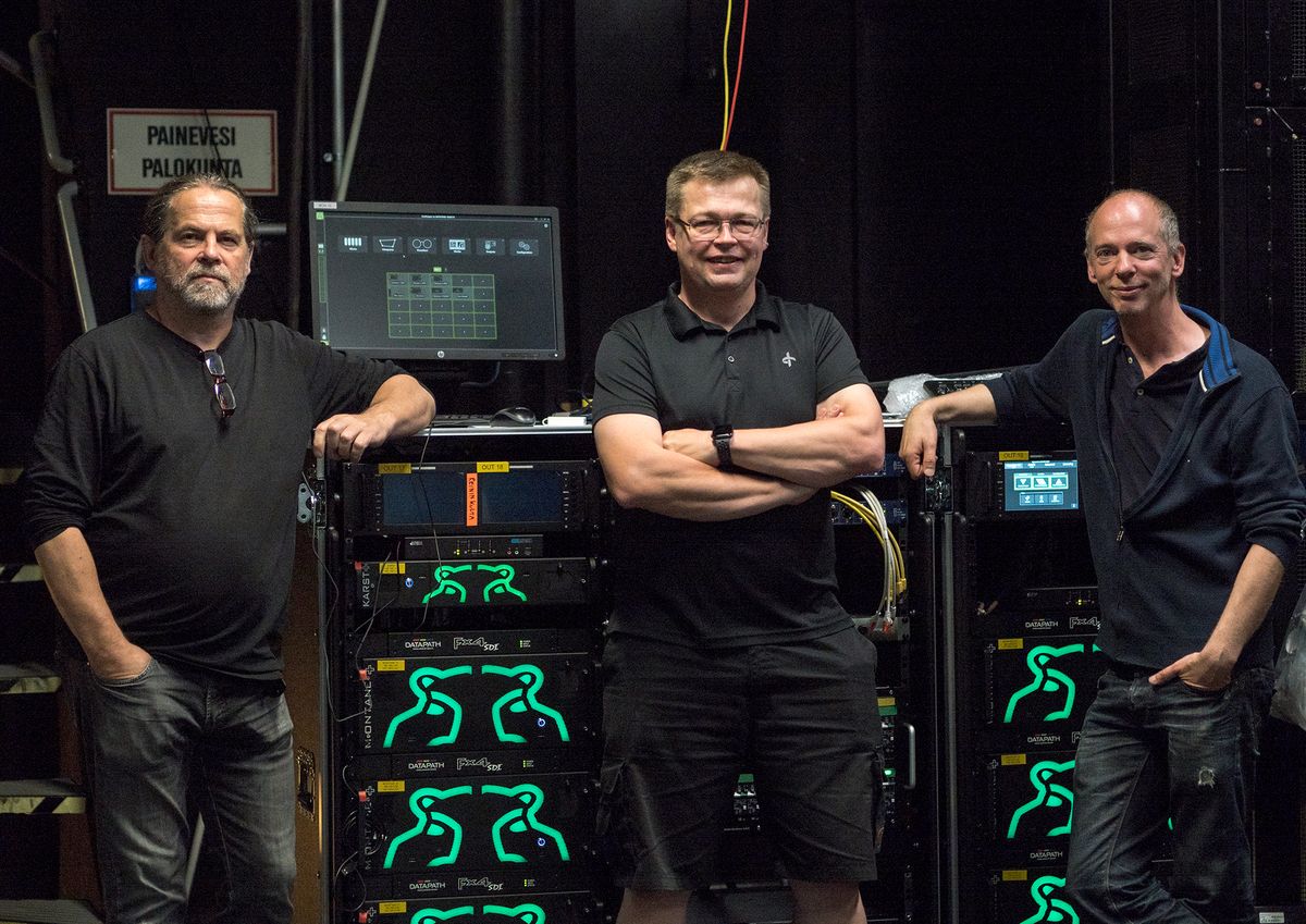 From left: Finnish National Opera and Ballet&#039;s lighting manager Kimmo Ruskela and video programmer Heikki Riihijärvi with Johan West, video product manager at Msonic.