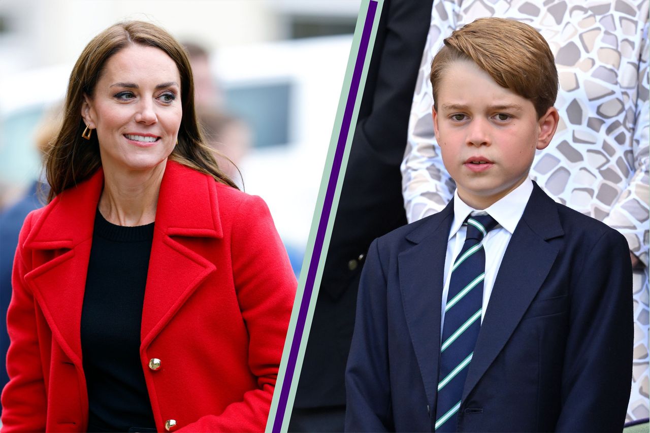 Kate Middleton wearing a red coat beside Prince George wearing a suit and tie like the one Kate Middleton is teaching Prince George how to fasten