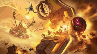 Art from 'Crash and Burn' MTG Aetherdrift card showing a vehicle being destroyed