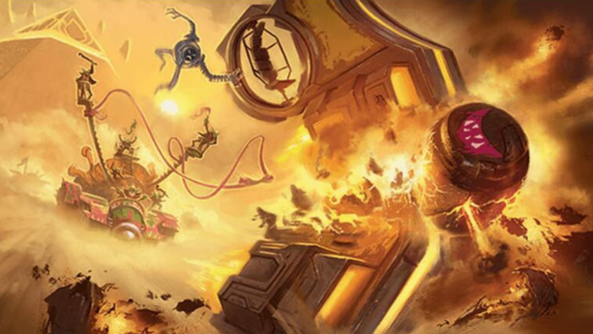 Art from &#039;Crash and Burn&#039; MTG Aetherdrift card showing a vehicle being destroyed