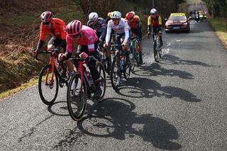 Riders cycle during the 4th stage of the Paris-Nice cycling race, 163,4 km between Vichy and La Loge des Gardes, on March 12, 2025. (Photo by Anne-Christine POUJOULAT / AFP)