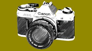 Line drawing of Canon AE-1 SLR camera on green background
