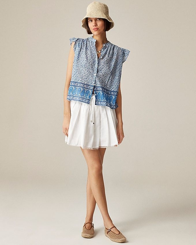Flutter-Sleeve Button-Up Shirt in Bandana Block Print