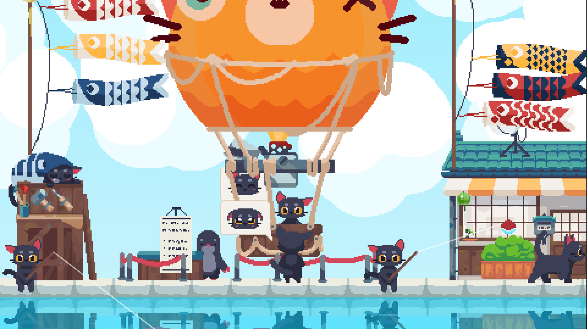 Cat Isle - cats prepare a hot air balloon for takeoff in a sidescroll town