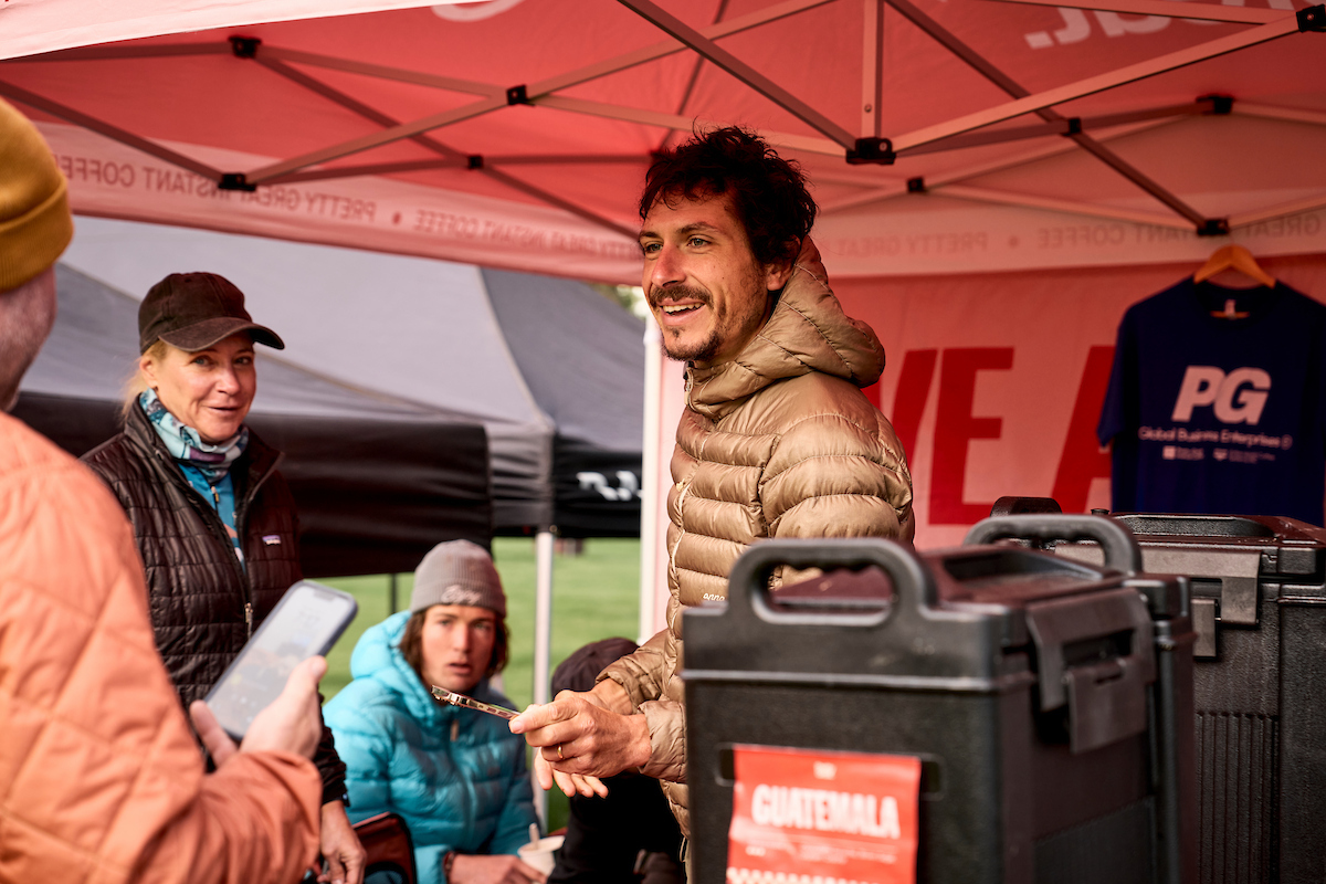 Lachlan Morton hands out samples of Pretty Great Instant Coffee