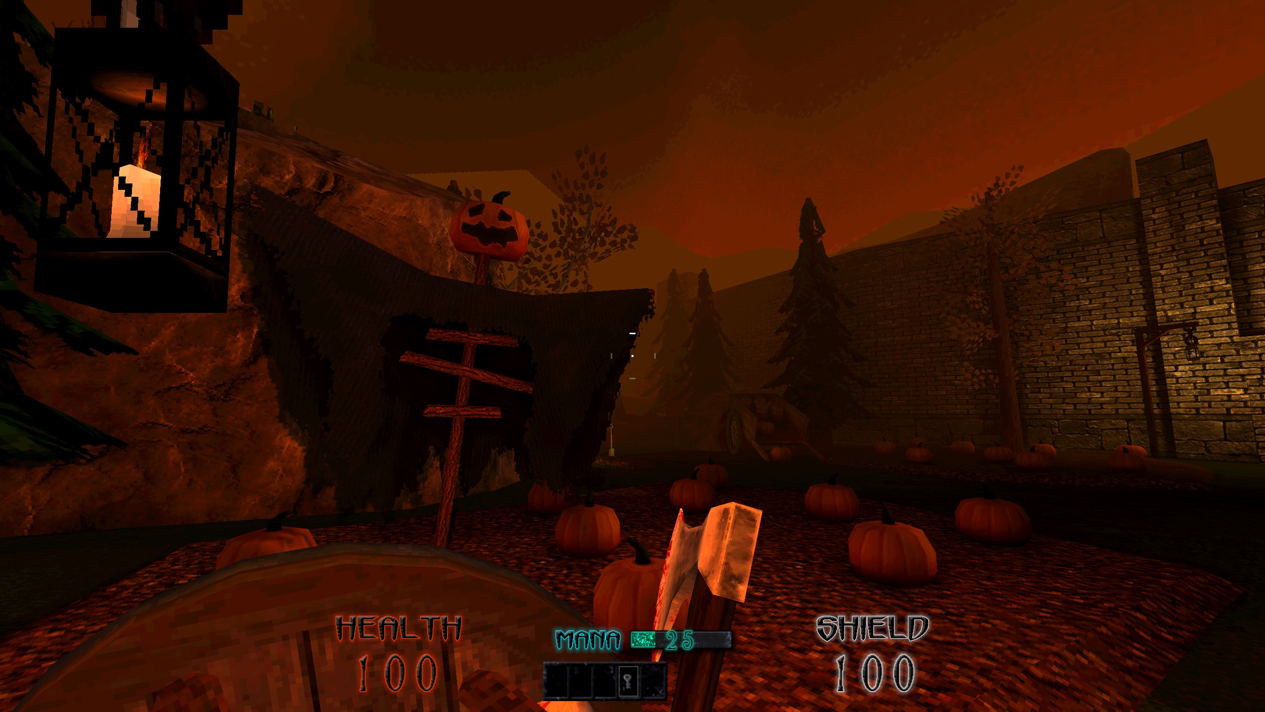 first person view of jack o' lantern scarecrow in a pumpkin patch