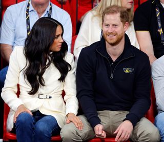 Meghan, Duchess of Sussex and Prince Harry, Duke of Sussex watch the sitting volley ball competition on day 2 of the Invictus Games 2020 at Zuiderpark on April 17, 2022 in The Hague, Netherlands.