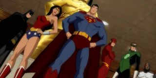 Batman, Wonder Woman, Superman, The Flash, Green Lantern, and Cyborg in Justice League: Doom