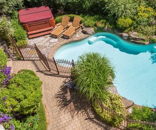 backyard pool with fence and plants