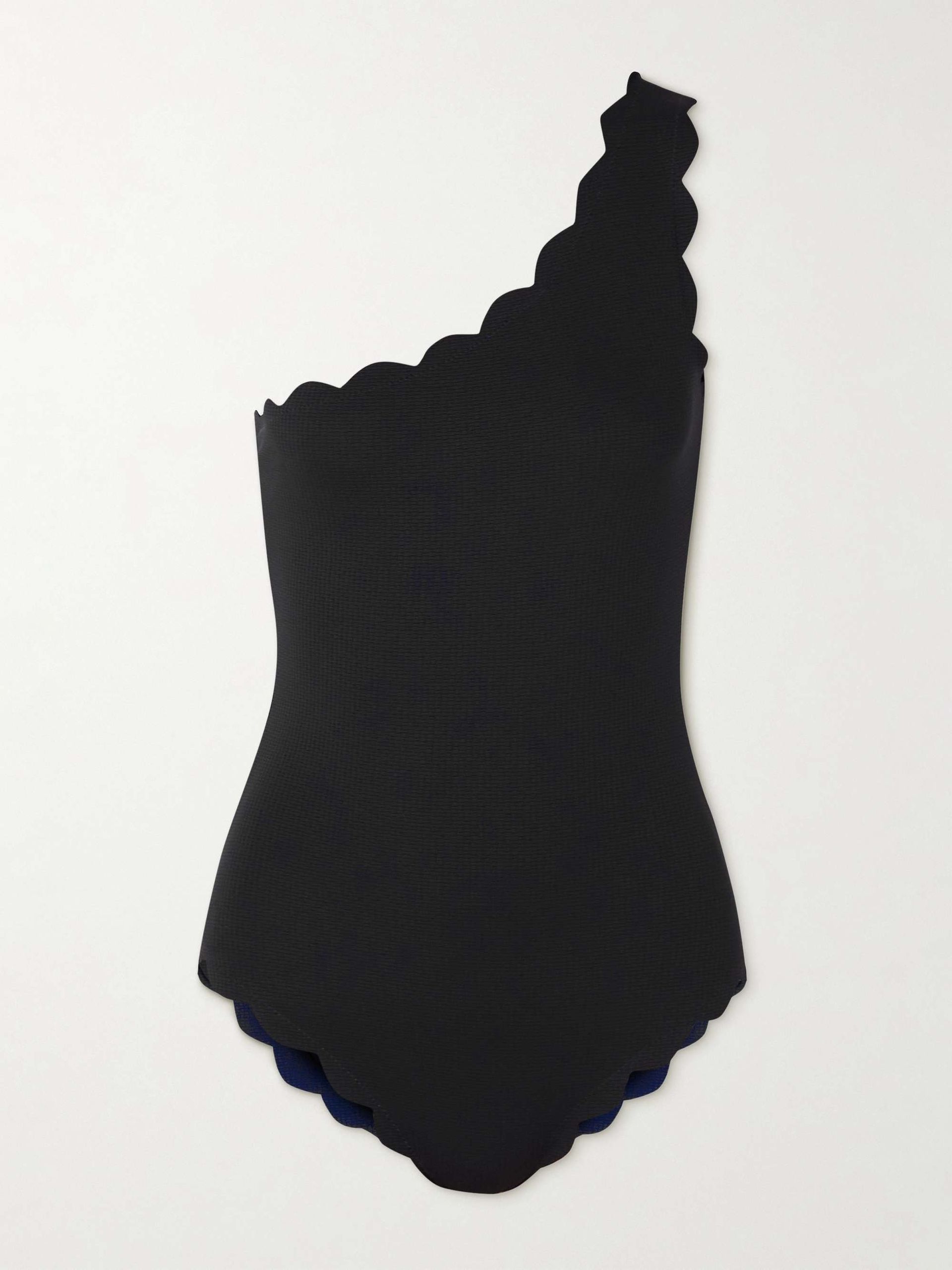 Santa Barbara One-Shoulder Scalloped Recycled-Seersucker Swimsuit