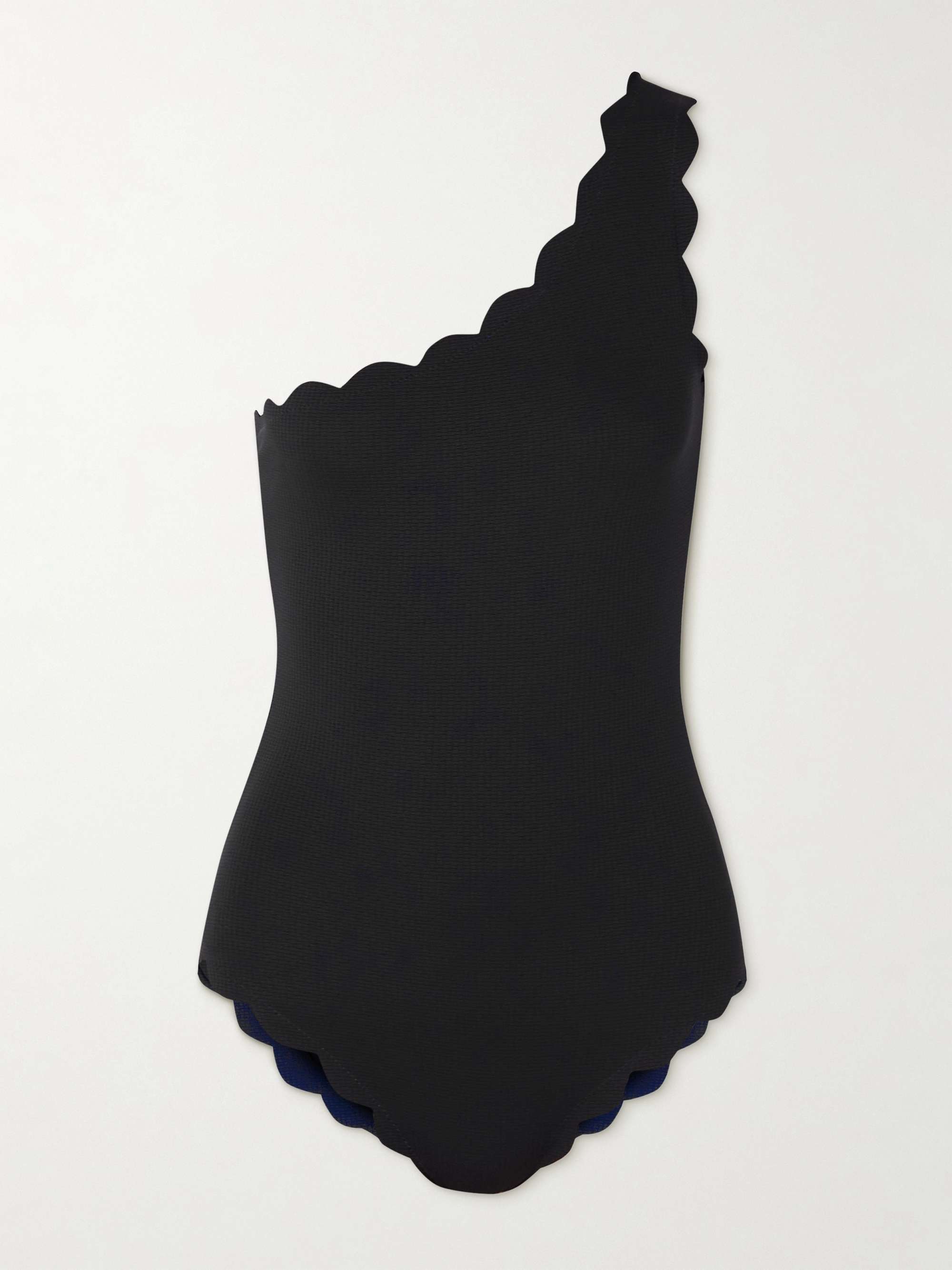Santa Barbara One-Shoulder Scalloped Recycled-Seersucker Swimsuit
