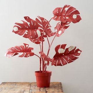 red colour artificial plant pot and table and white wall