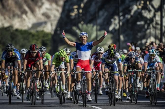 French champion Nacer Bouhanni (FDJ) celebrates victory on the final stage at the Tour of Oman.