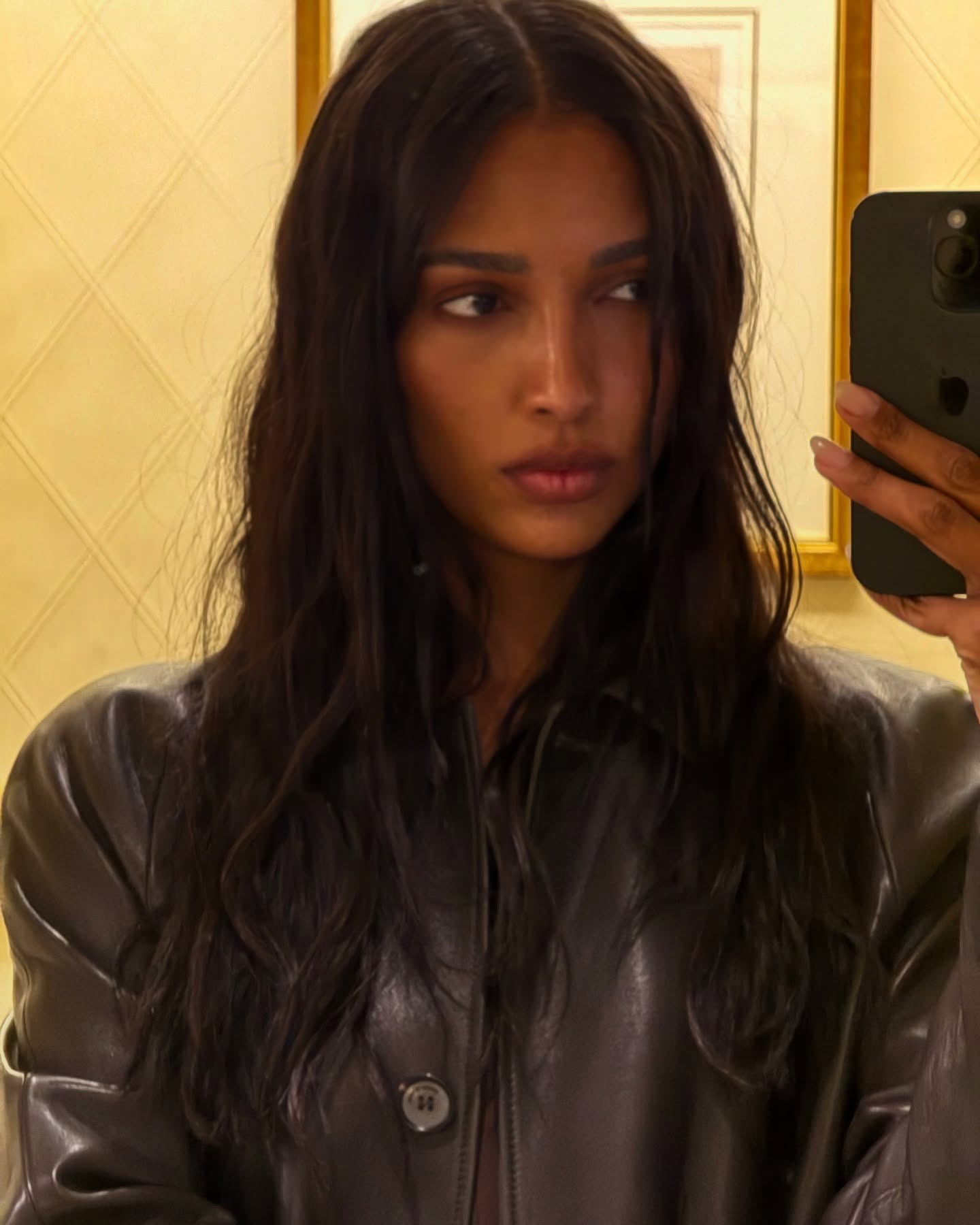 Jasmine Tookes taking a mirror selfie with deep cool-toned brunette hair colour styled with undone waves