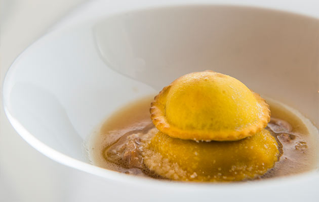 Wild garlic and ricotta ravioli with lamb soup