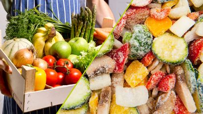 Frozen vs fresh foods: man holding a box of fresh fruit and veg alongside a close-up shot of frozen vegetables